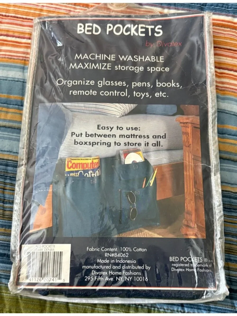 Divatex Bed Pockets Blue Denim Multi-Pocket Storage Organizer